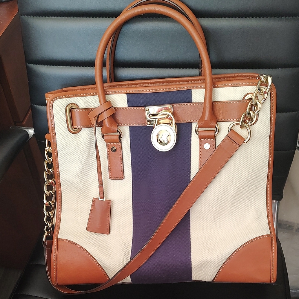 Michael Kors Brown and Cream Satchel with Silver Hardware